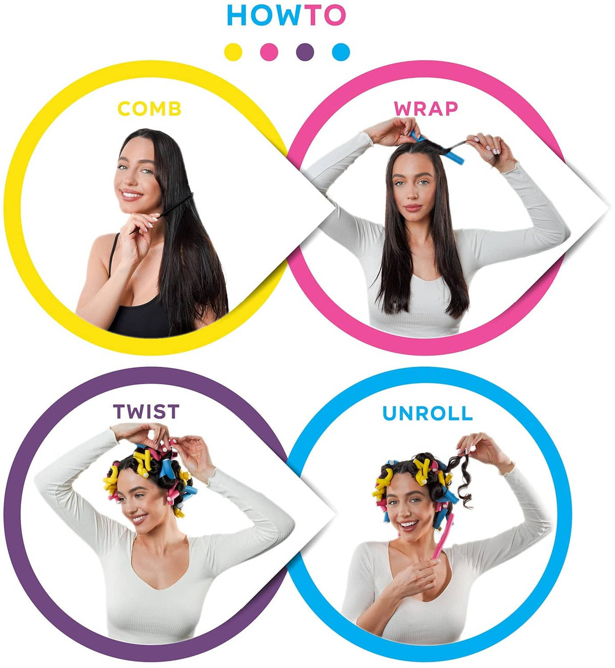 Heatless flexible hair rods showing comb, wrap, twist, and unroll steps