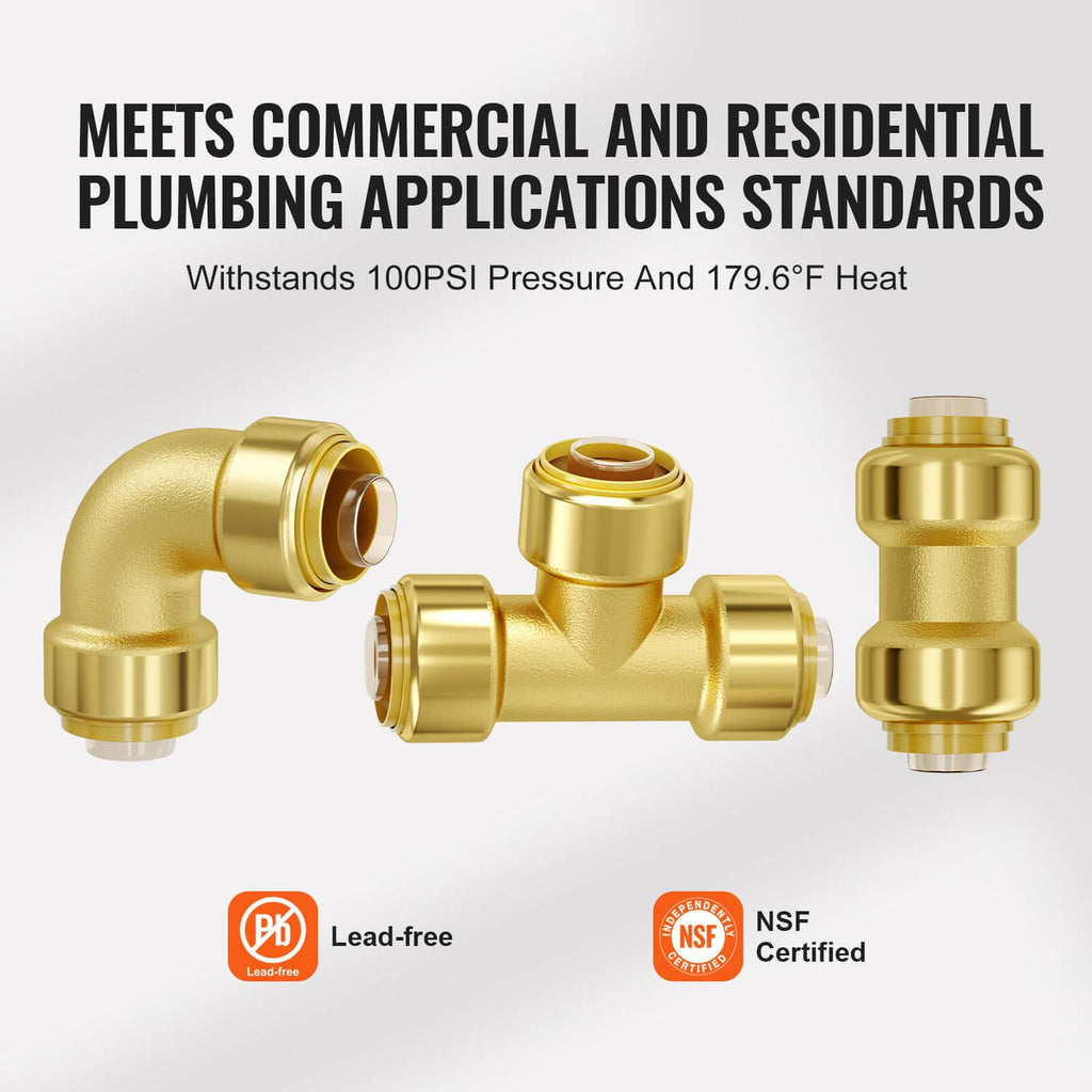 Gold brass push-fit plumbing fittings: elbow, tee, and straight coupling