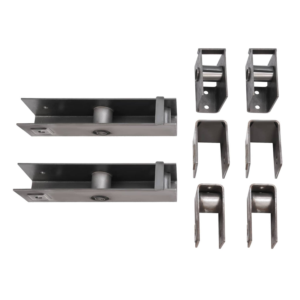 Steel trailer slipper spring hanger kit: two beams with round bushing cups and U-frame brackets