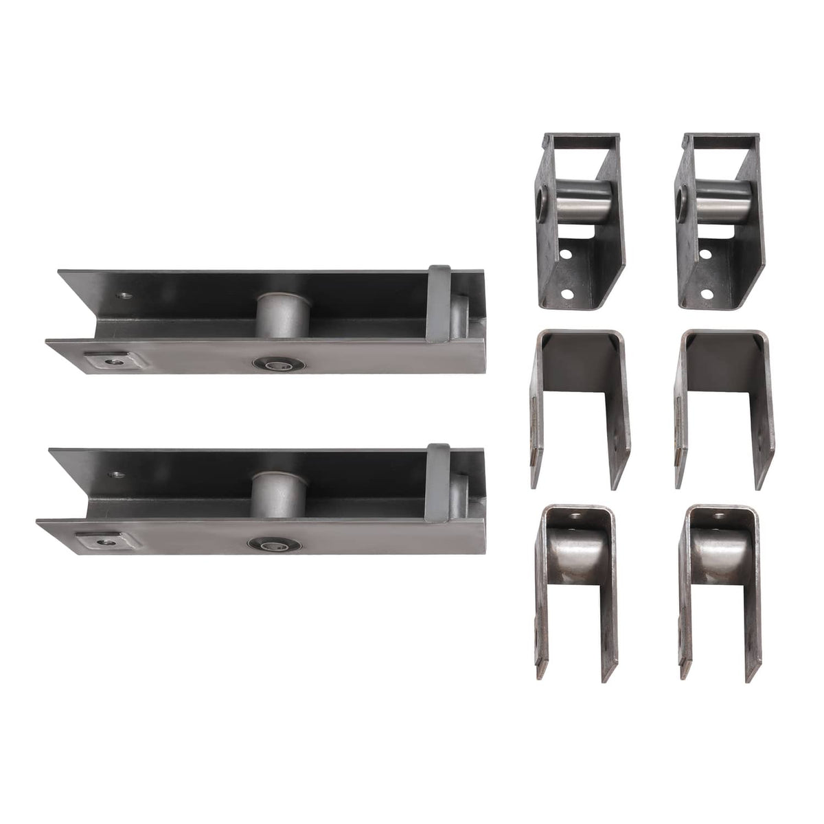 Steel trailer slipper spring hanger kit: two beams with round bushing cups and U-frame brackets