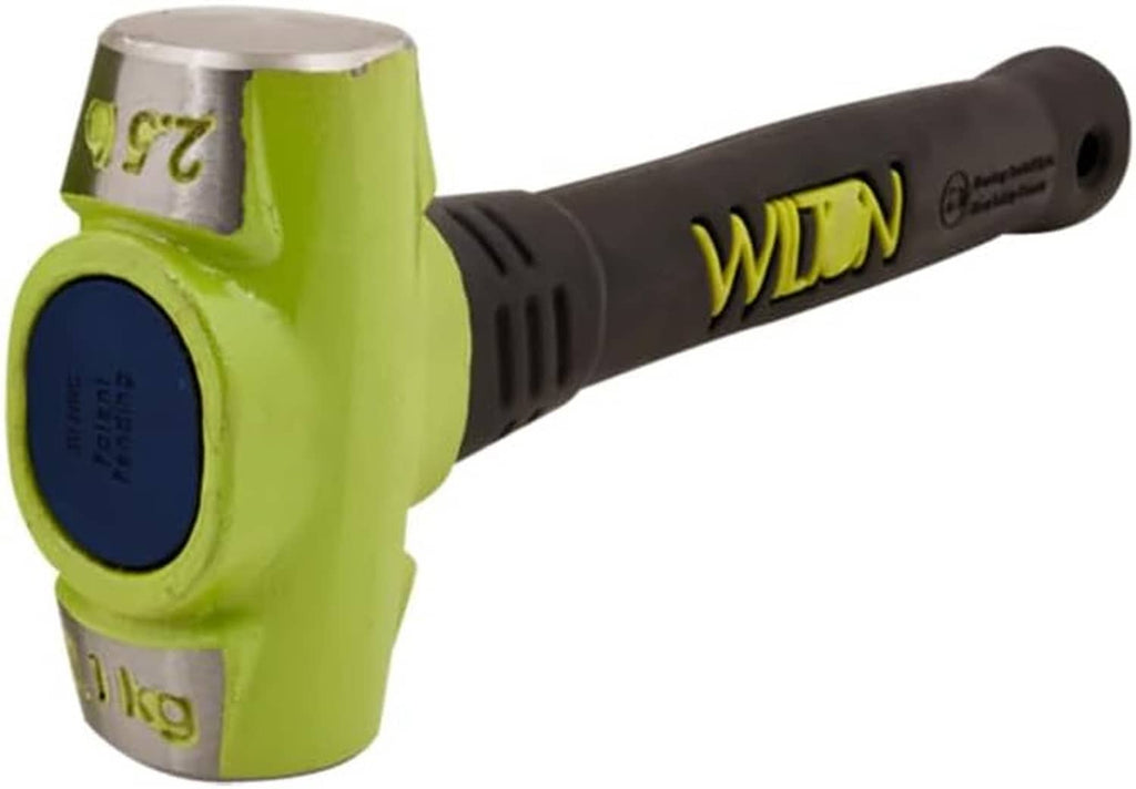 Neon green soft-face sledge hammer, side view of steel face and rubber grip handle