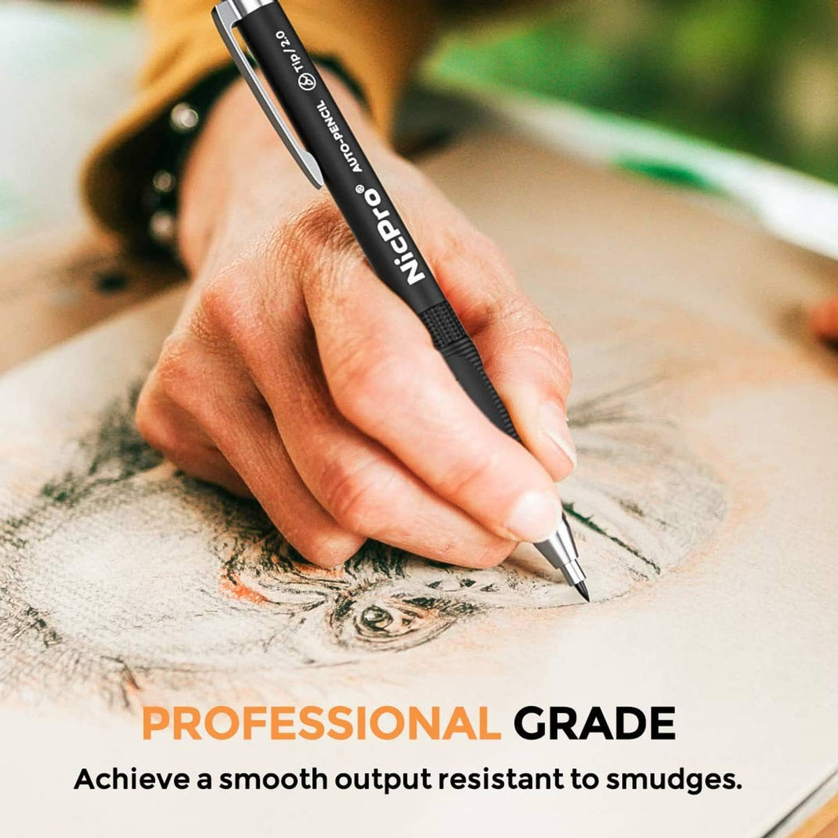 Hand holding a mechanical pencil; fine point draws on paper with smooth graphite output