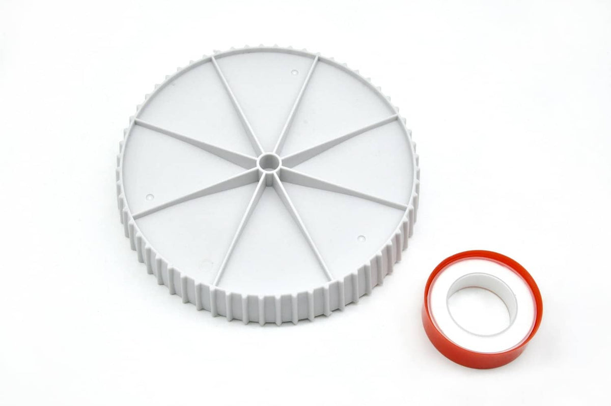 White circular conversion cap with spoke design and red rubber seal ring