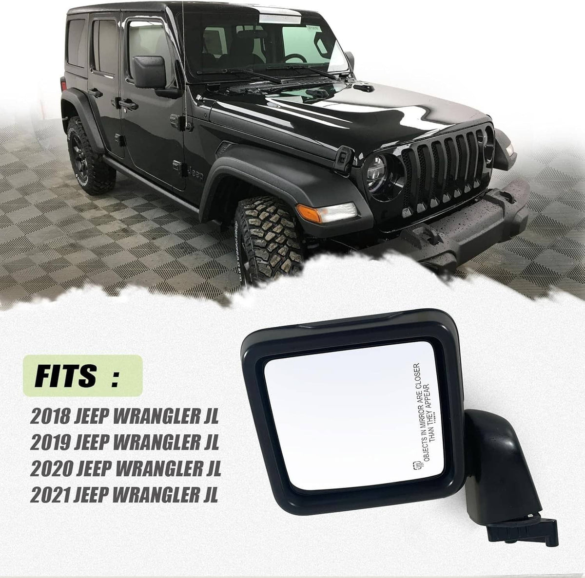 Black heated power-folding side mirrors with installation fit list for Jeep JL