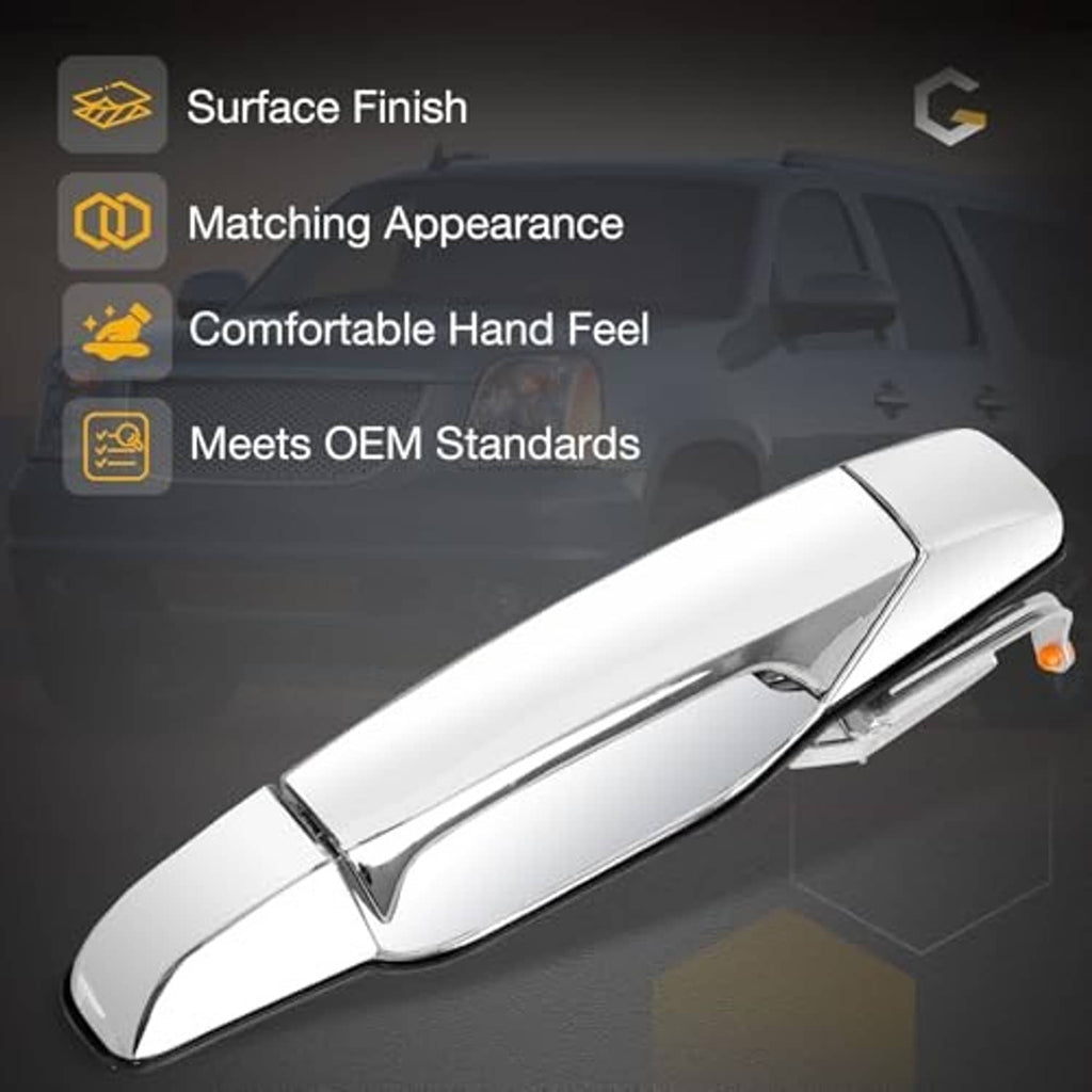 Chrome exterior door handle with comfortable grip curve, front right passenger-side view.