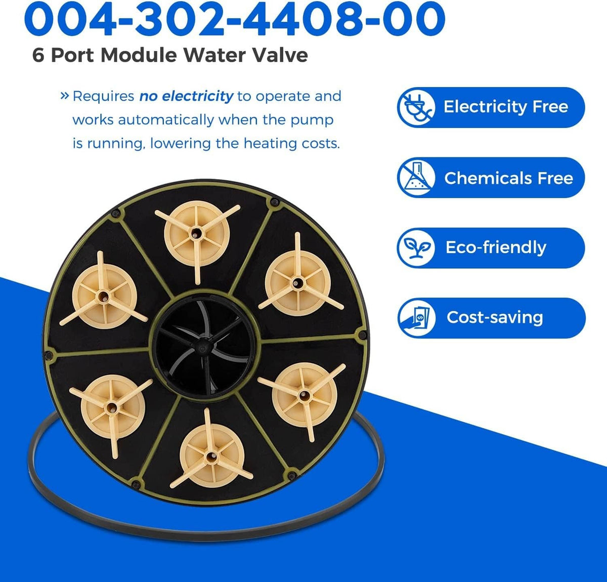 6-port water valve module, black circular base with six beige impellers and center hub