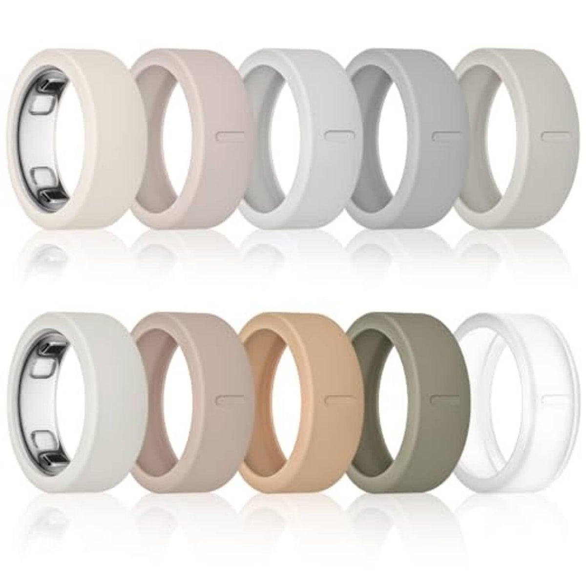 10-pack silicone ring covers in light, nude, and dark gray tones