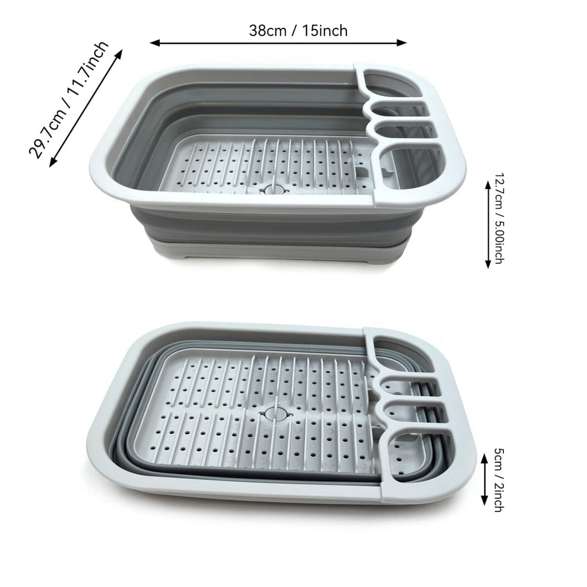 Gray foldable dish drainer tray with perforated drying rack and utensil slots