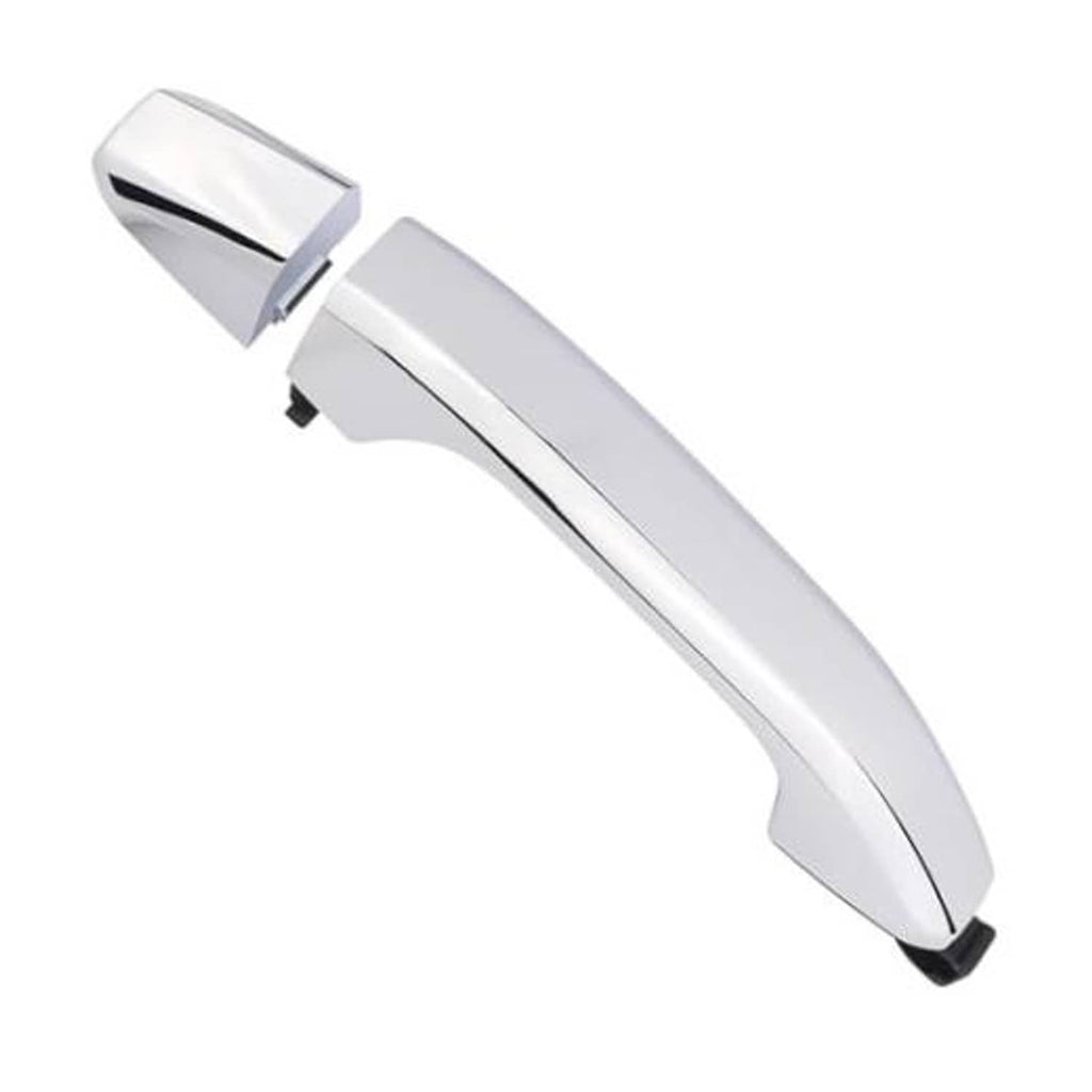Chrome exterior door handle with black mounting tab and grip end