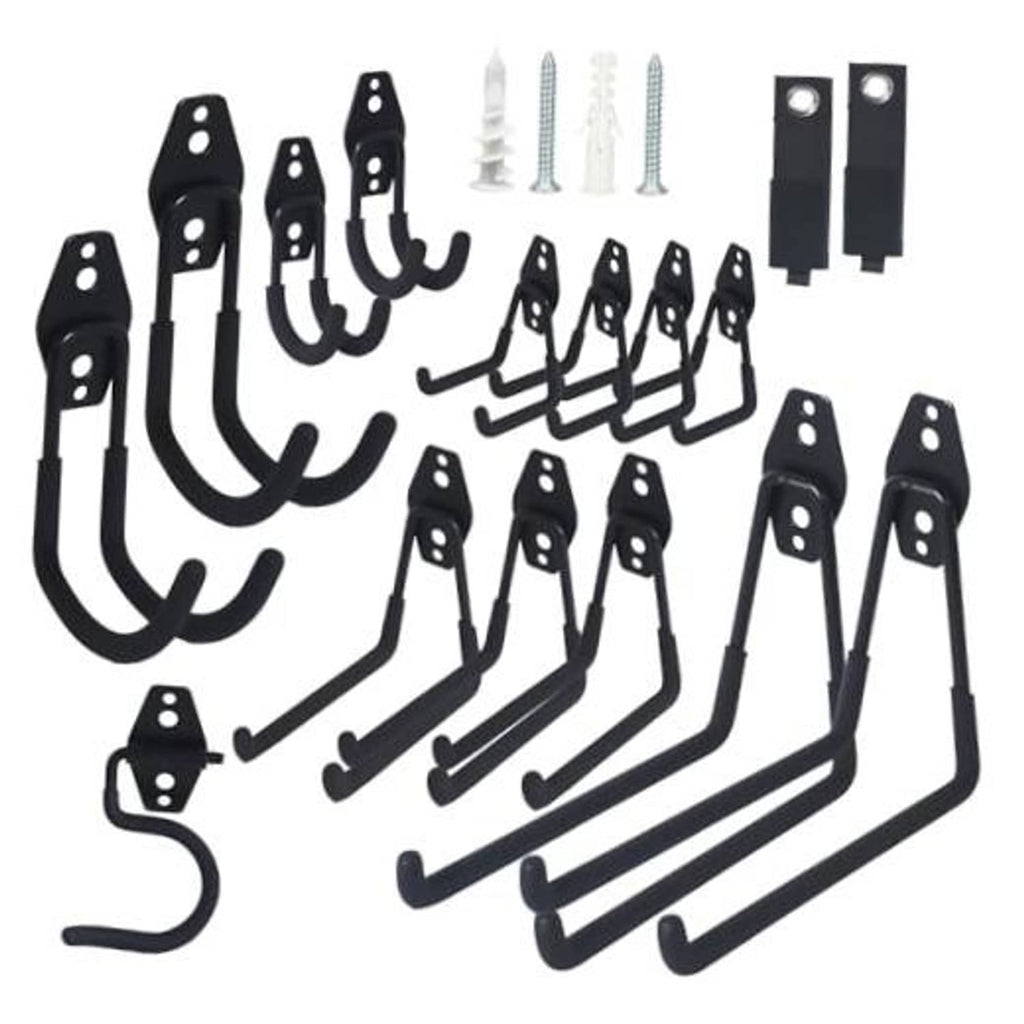 Black J-style garage storage hooks set with mounting screws and wall anchors