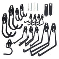 Black J-style garage storage hooks set with mounting screws and wall anchors