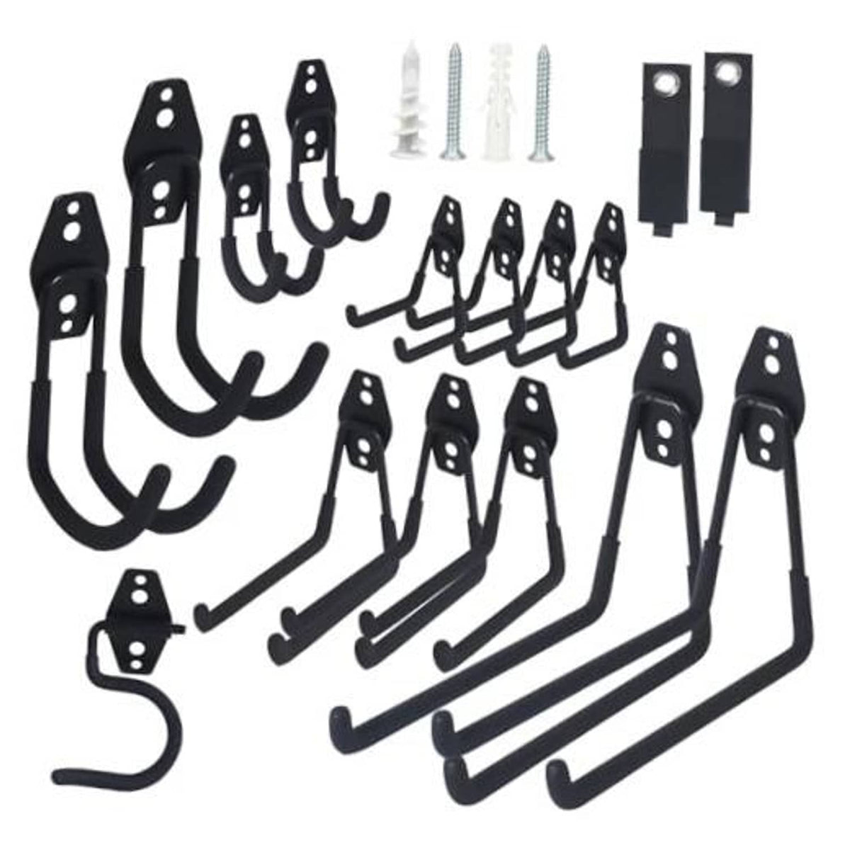 Black J-style garage storage hooks set with mounting screws and wall anchors
