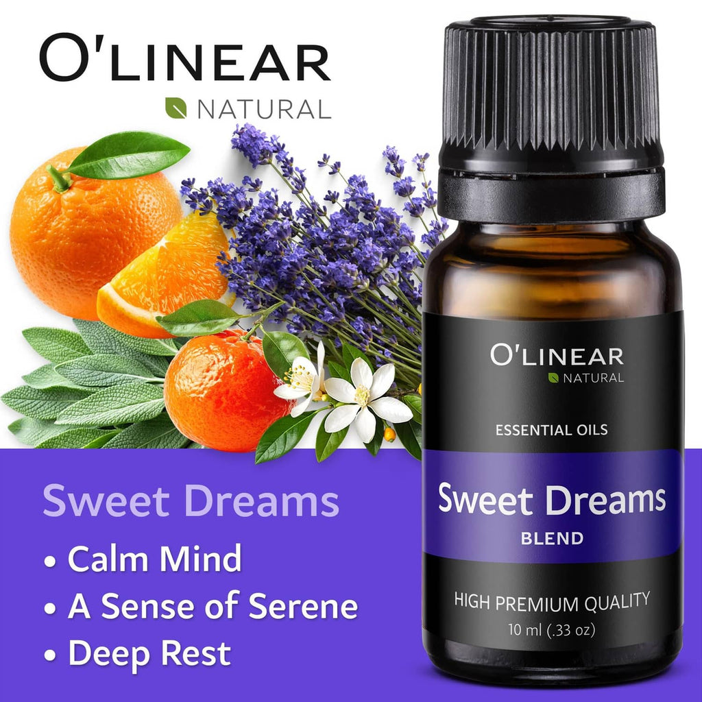 Essential oil blend bottle with ribbed black cap; dark amber glass; purple Sweet Dreams label