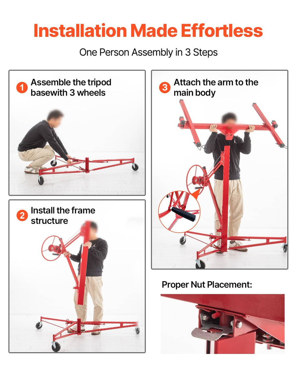 Assembled red panel hoist jack with winch wheel, tripod base, and lockable casters