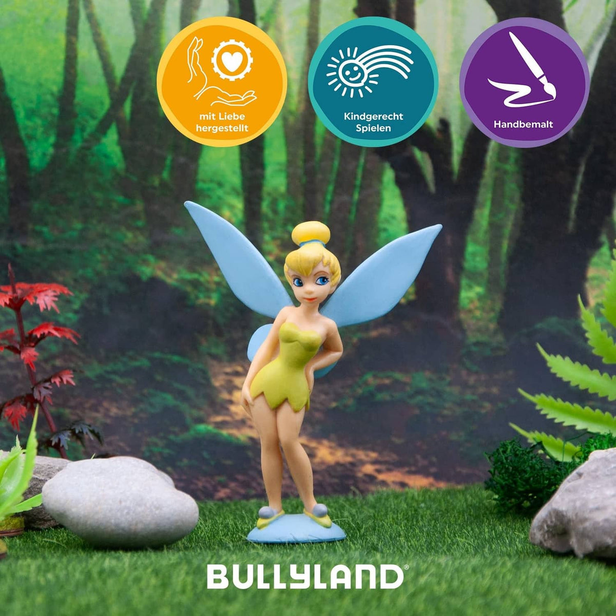 Yellow fairy toy figure with teal wings, standing on blue base, hands at sides