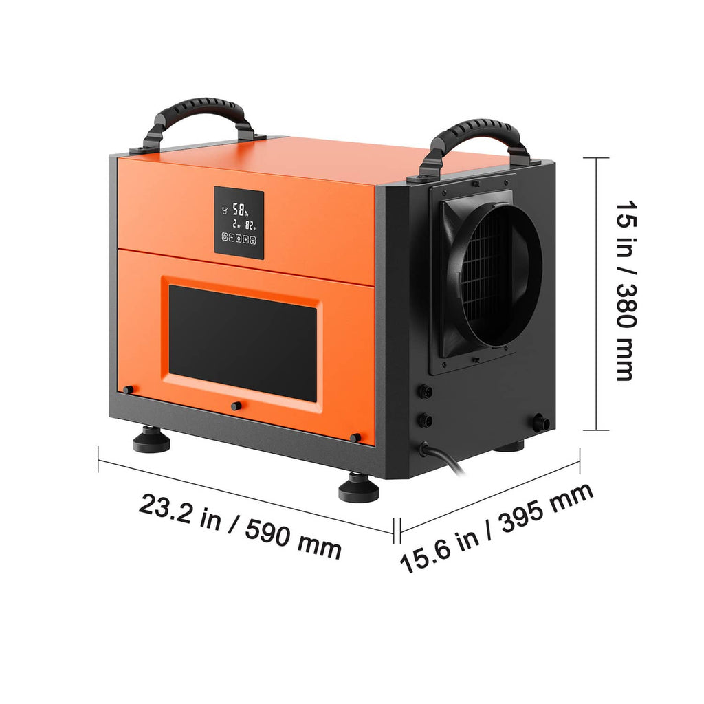 Commercial dehumidifier orange-and-black body with rear fan outlet and four leveling feet.