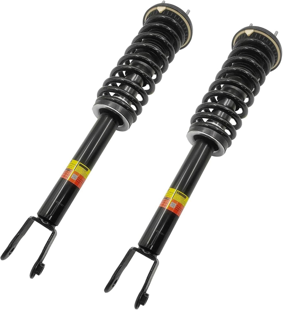 Pair of front electric shock struts with black coil springs and mounting forks