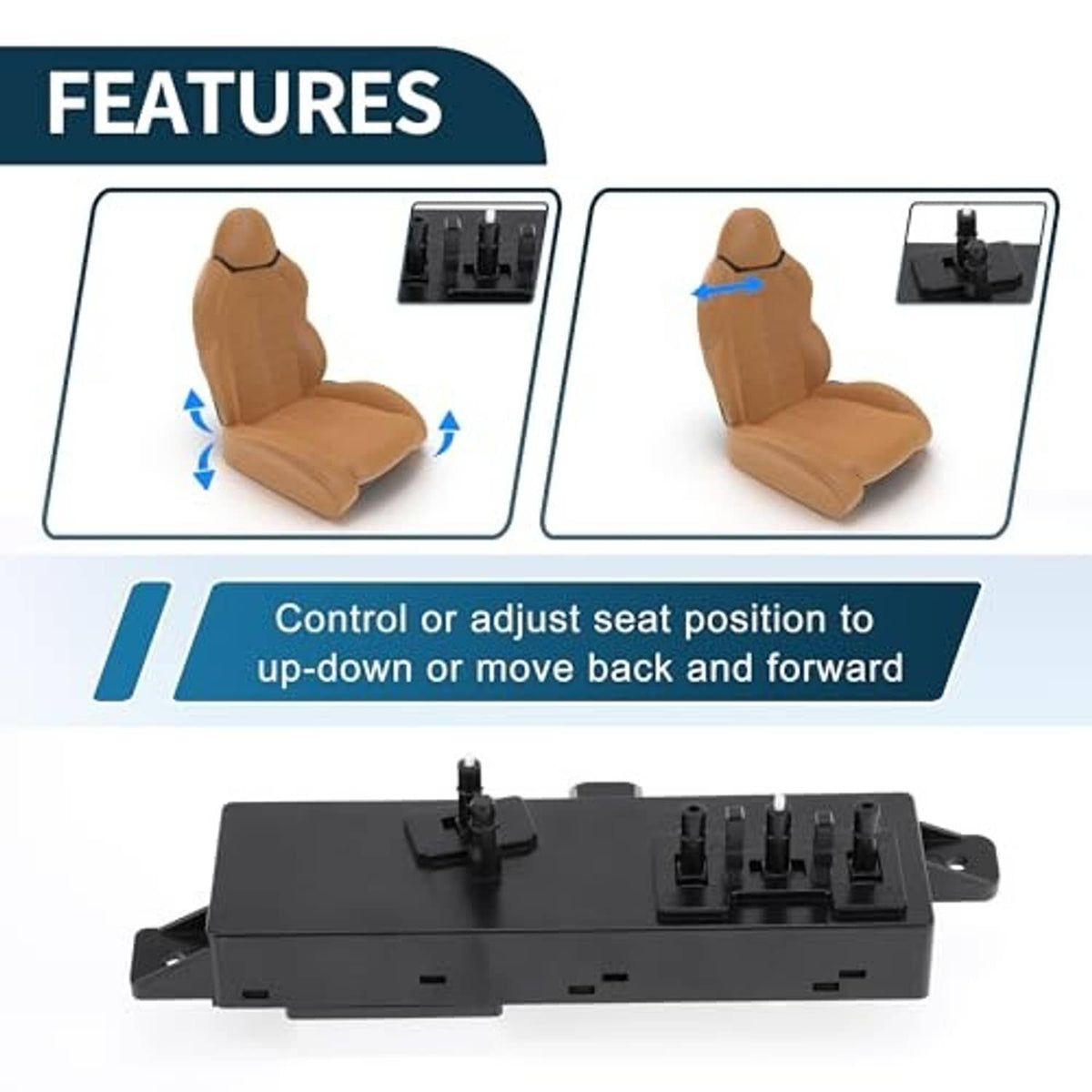 Power seat switch control module, black housing with multiple top connectors