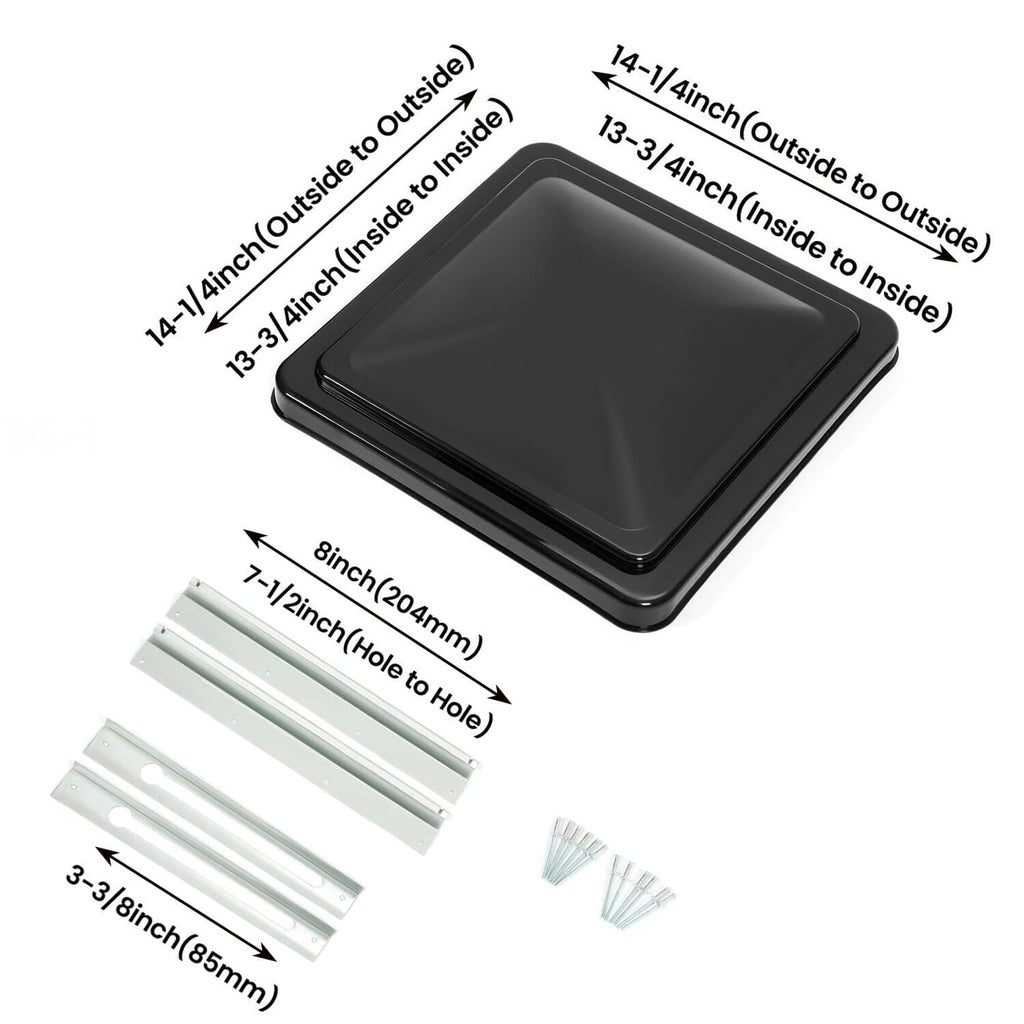Black RV roof vent cover set with size diagram and mounting parts