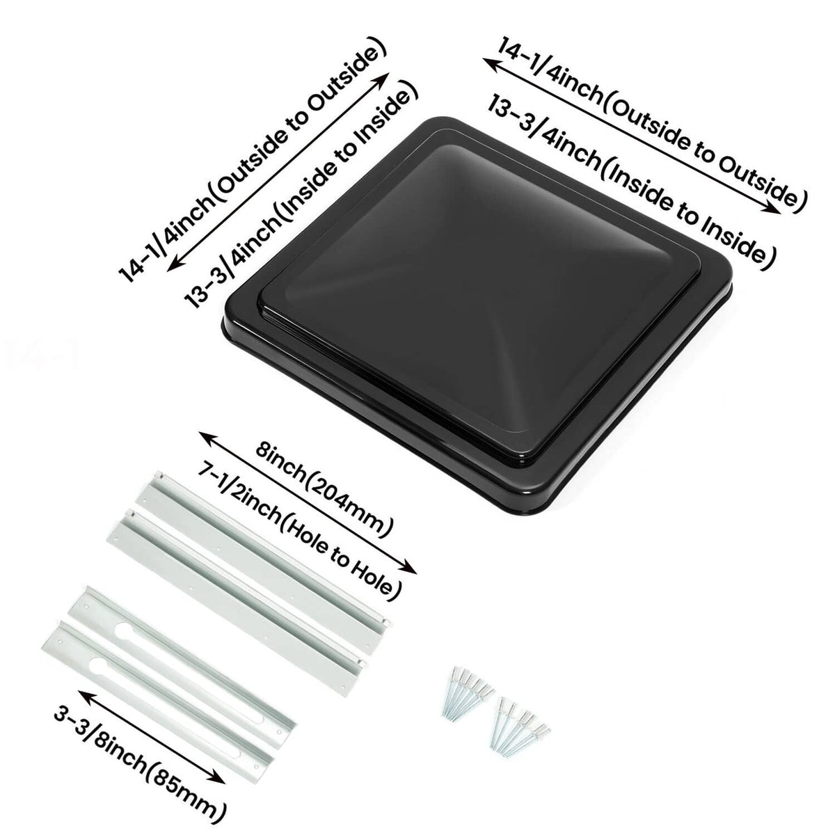 Black RV roof vent cover set with size diagram and mounting parts