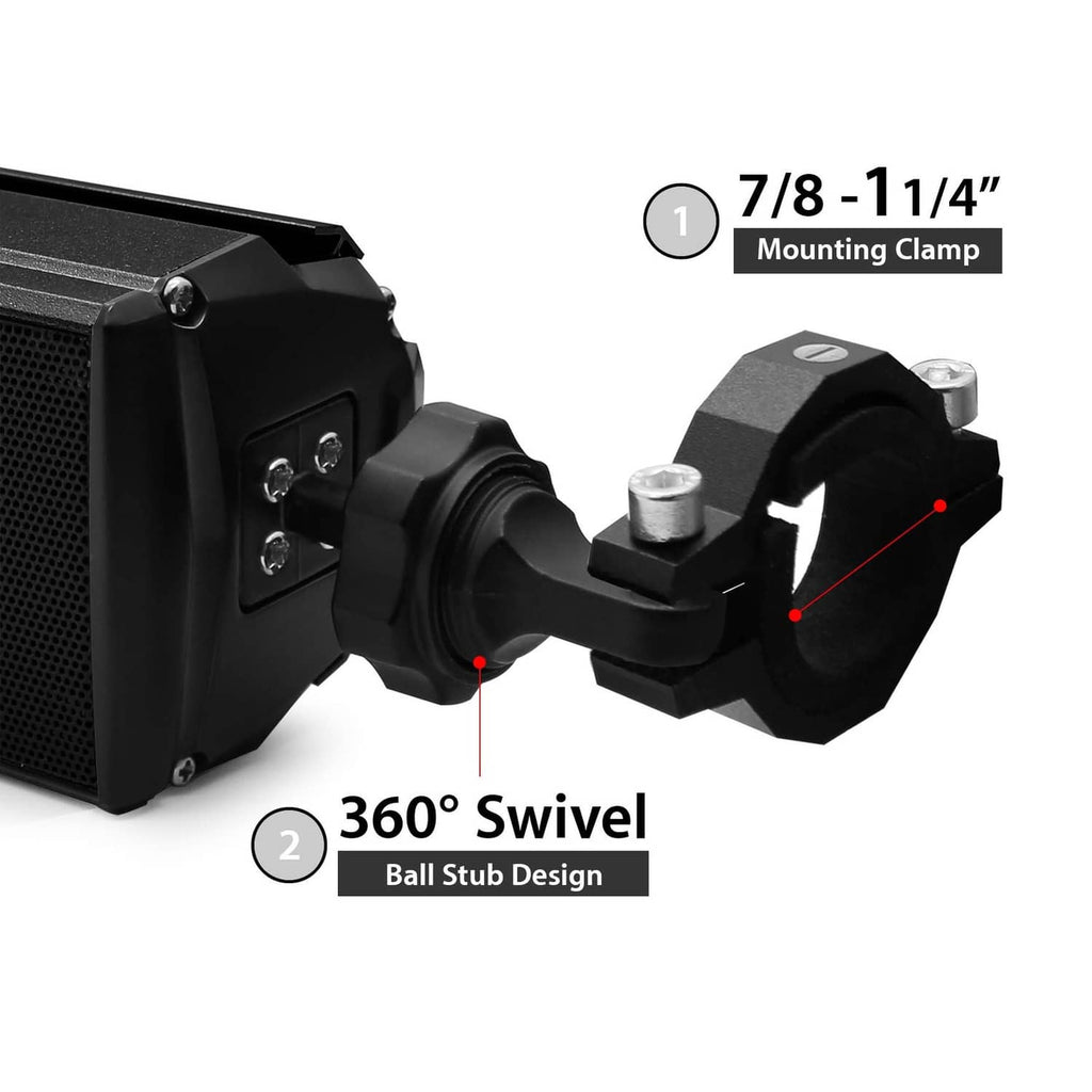 Black motorcycle speaker showing 360 swivel ball mount and mounting clamp.