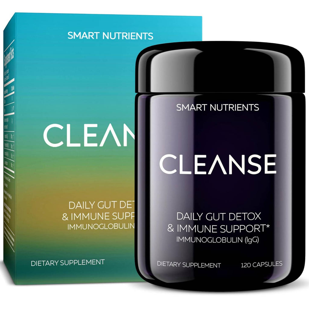 Dairy-free colostrum supplement bottle and box, black bottle with CLEANSE label