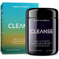Dairy-free colostrum supplement bottle and box, black bottle with CLEANSE label