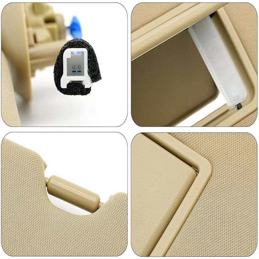 Beige left driver sun visor close-ups of mirror light and rotating bracket