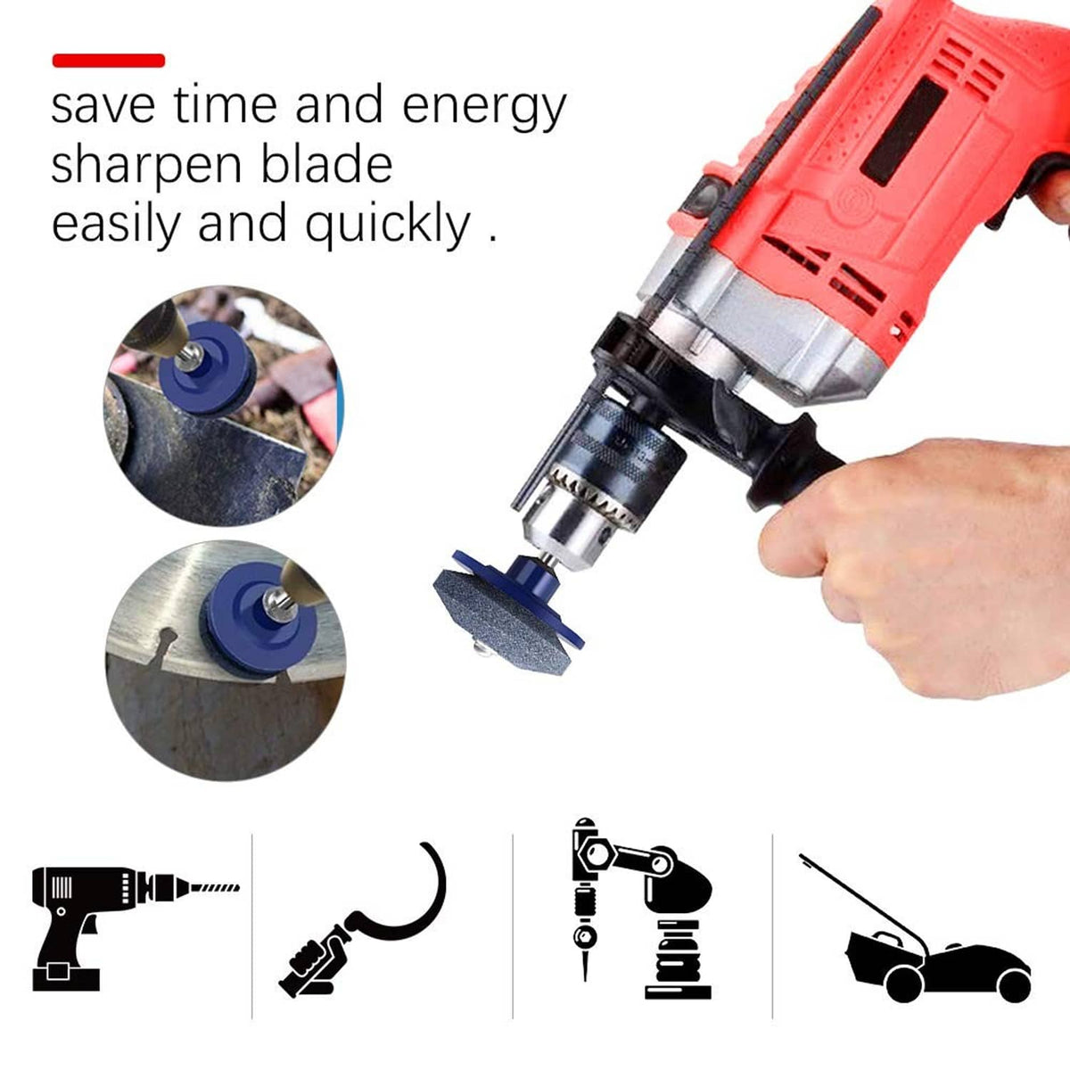 Handheld drill blade sharpener attachment with dark blue abrasive grinding wheel