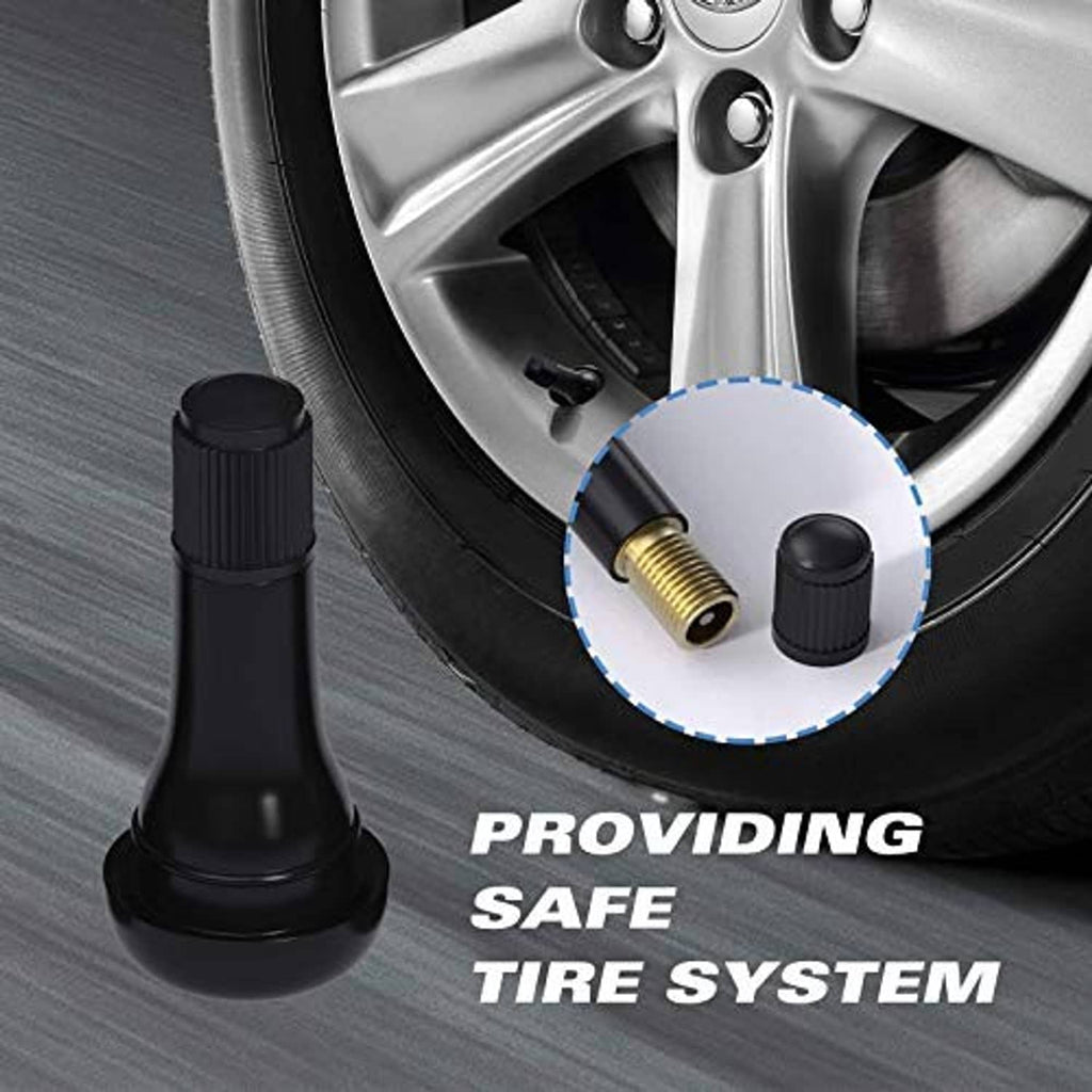 Black tire valve stem with gold brass core shown on a wheel