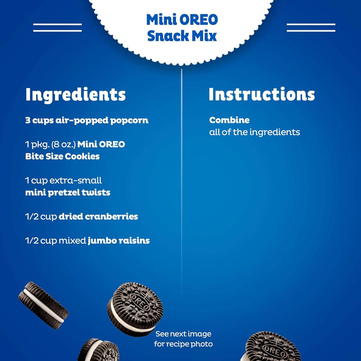 Blue snack pack panel with ingredients and instructions text