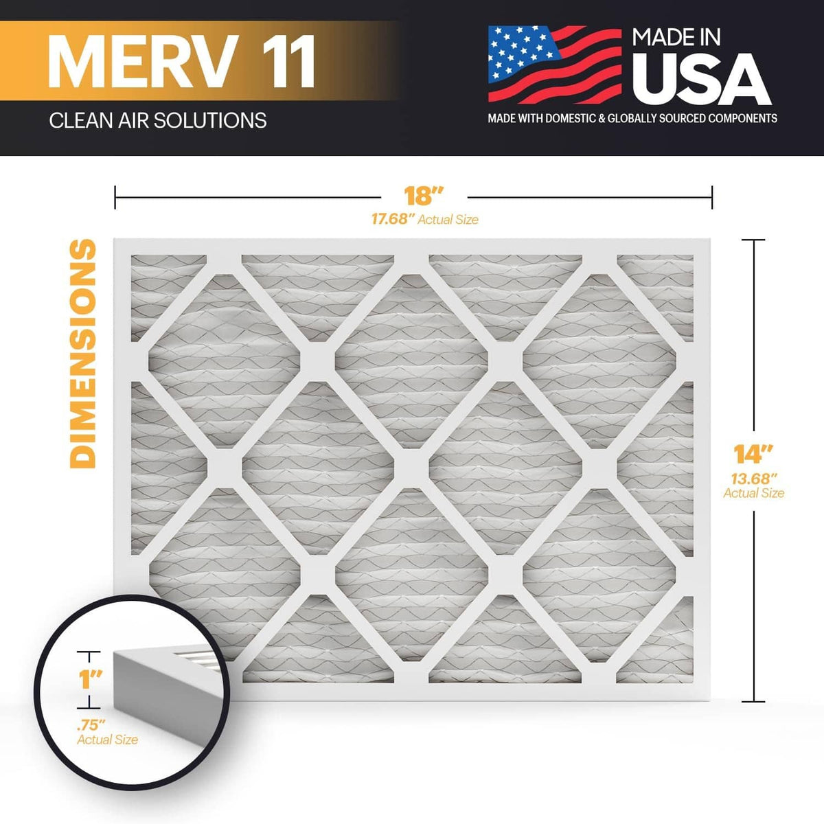 MERV 11 air filter, 14x18x1 in, white pleated frame with diamond openings.