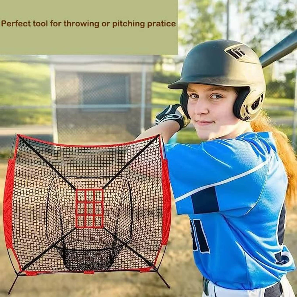 Red and black strike zone target net with grid opening for pitching practice