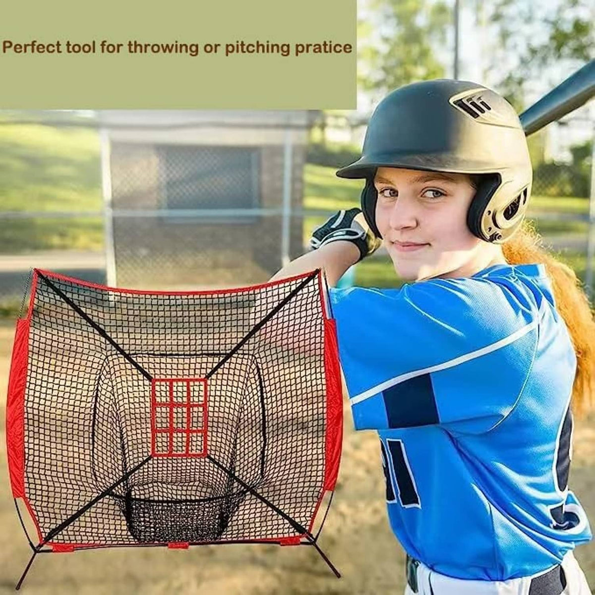 Red and black strike zone target net with grid opening for pitching practice