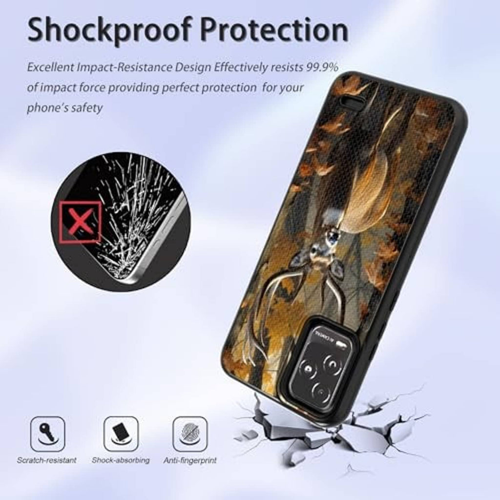 Rugged deer camouflage phone case with shock protection design and black bumper edges.