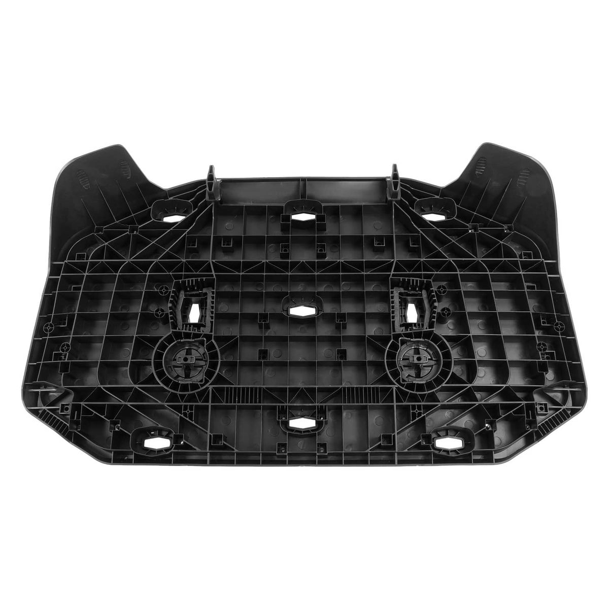Textured black cargo rack underside with molded ribs, vents, and four mounting points