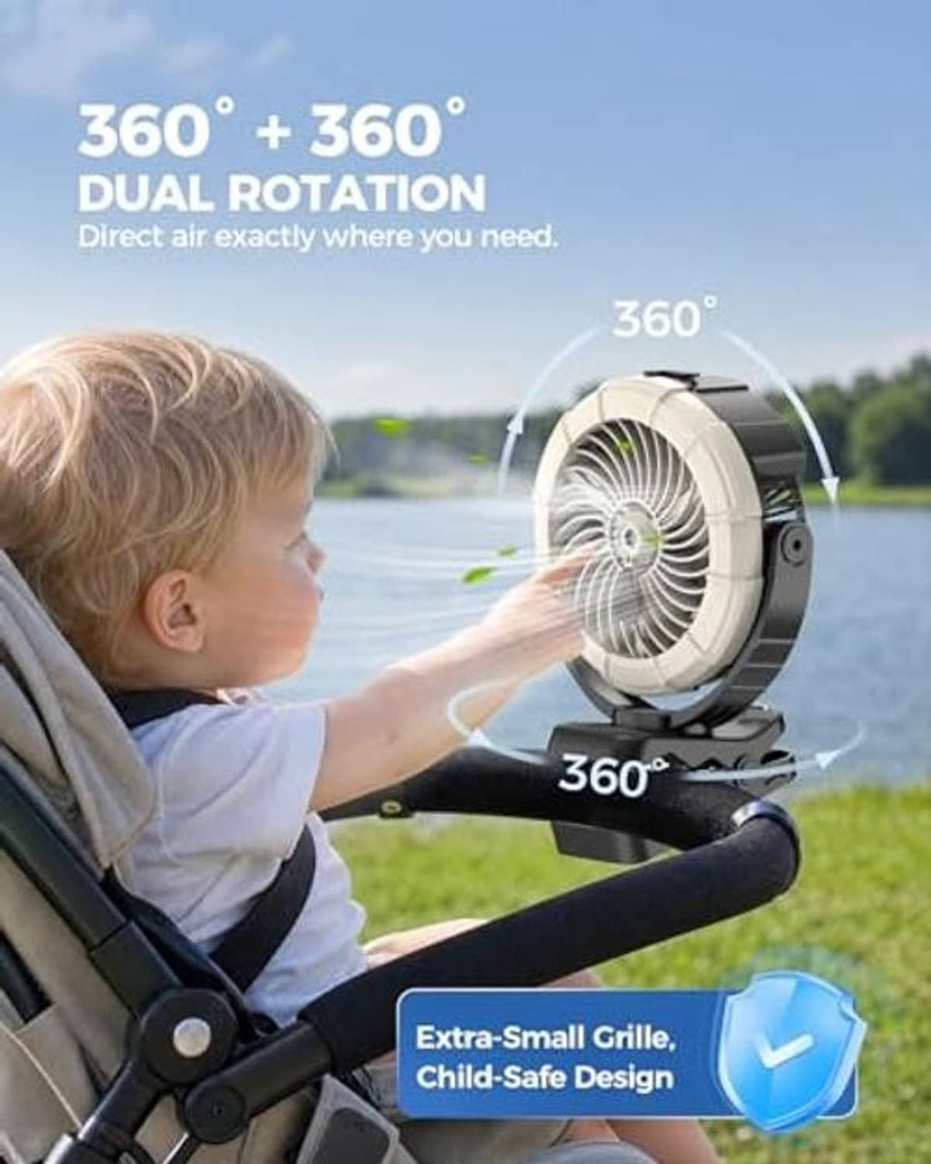 White mist fan with rotating head aimed toward a child, compact grille