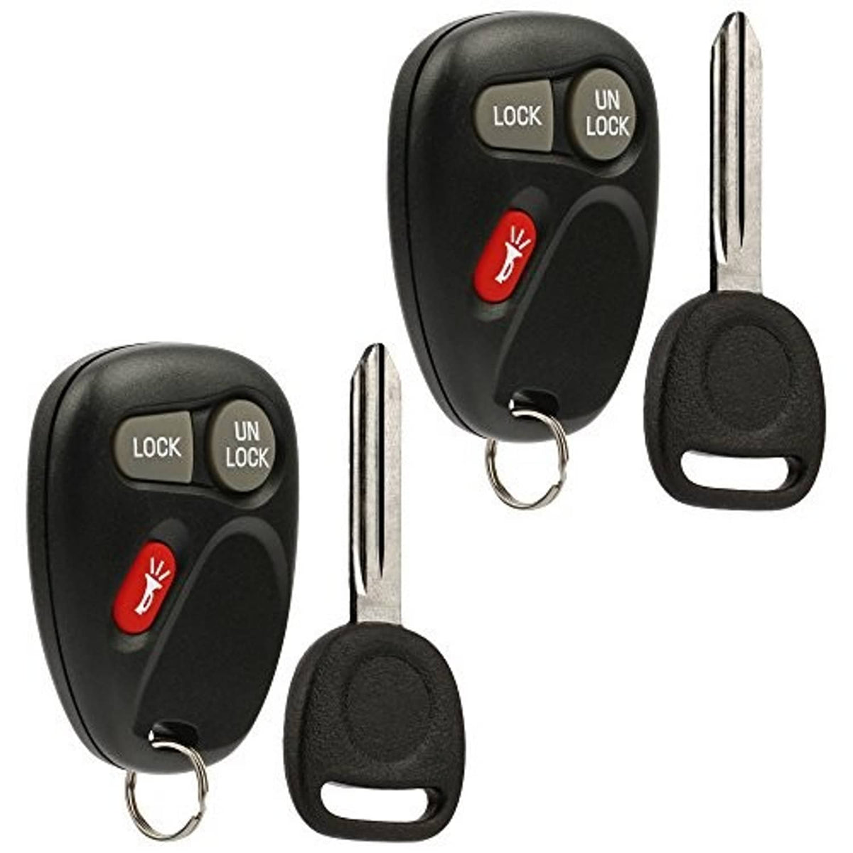 Black key fob remotes with LOCK/UN LOCK buttons, red unlock icon, metal key blades and key cover