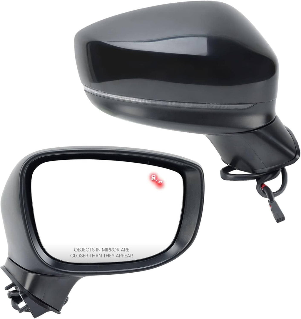 Passenger-side power side mirror with black housing and built-in turn signal light