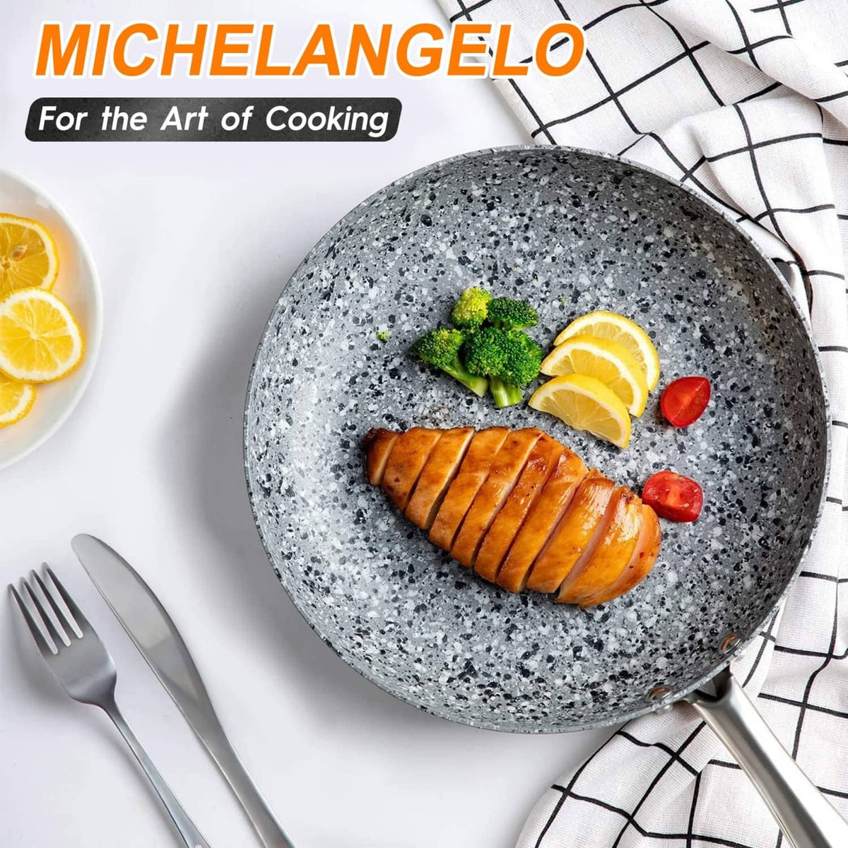 8-in gray granite nonstick skillet with handle, cooked sausage and lemon slices.