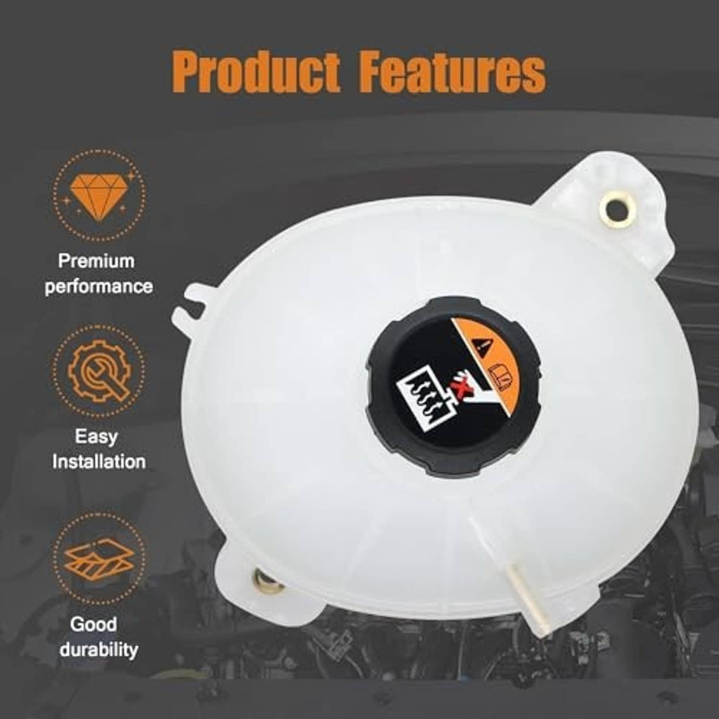 White coolant overflow reservoir with black cap and central warning-style insert, side tabs