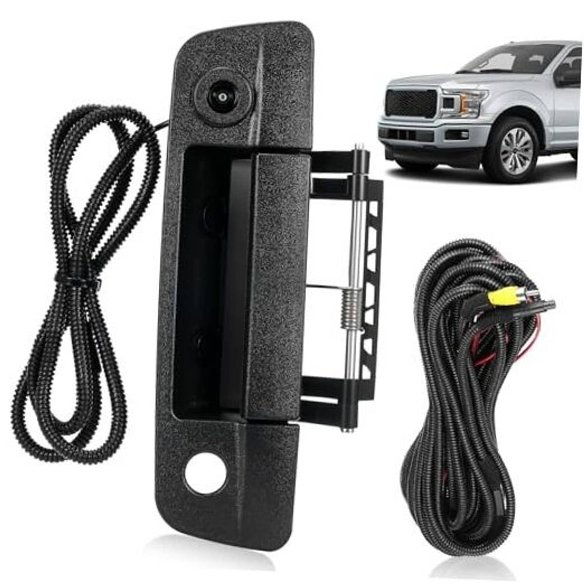 Tailgate handle backup camera with wiring harness and connected power cables
