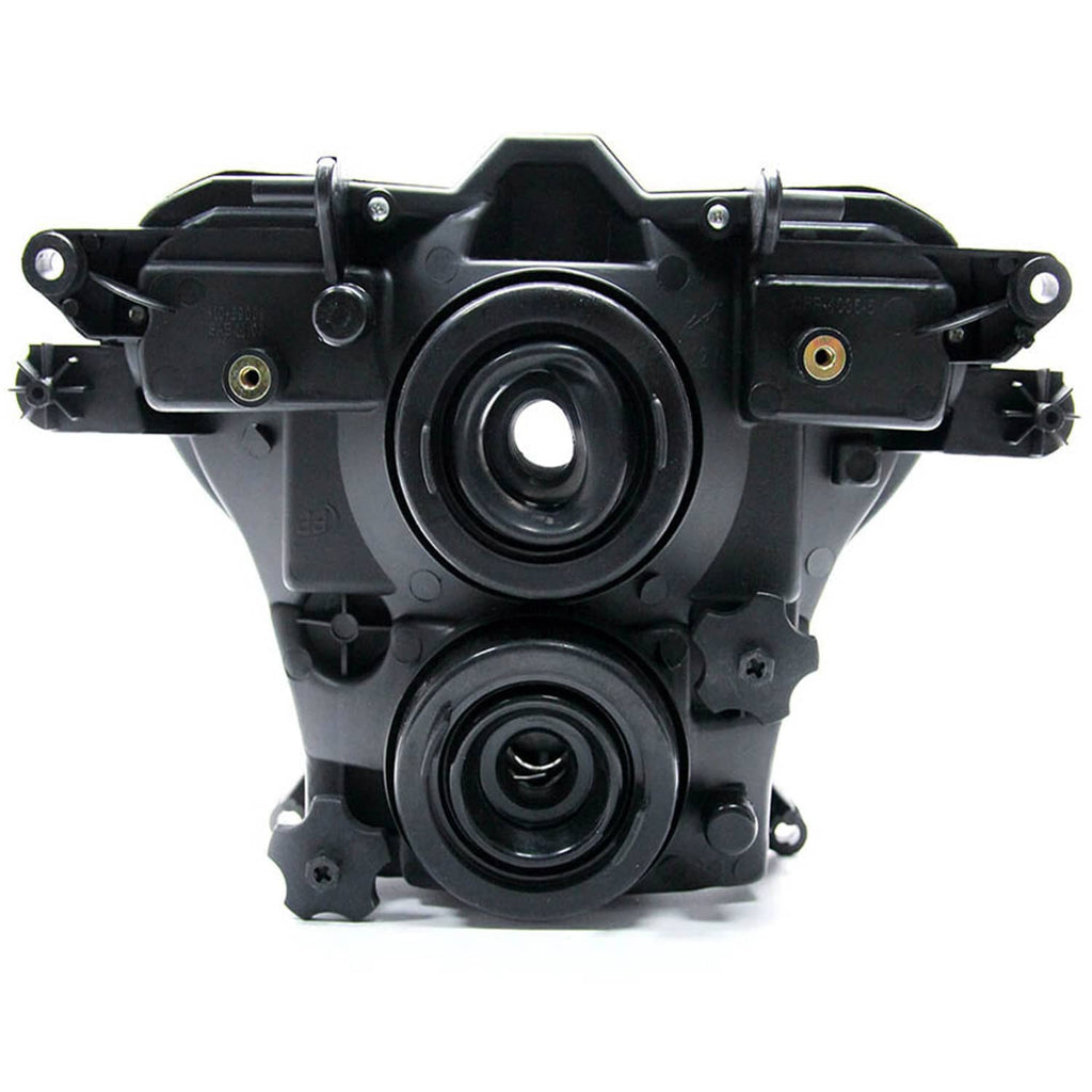 Rear view of motorcycle headlight mounting assembly, showing two circular projector housings