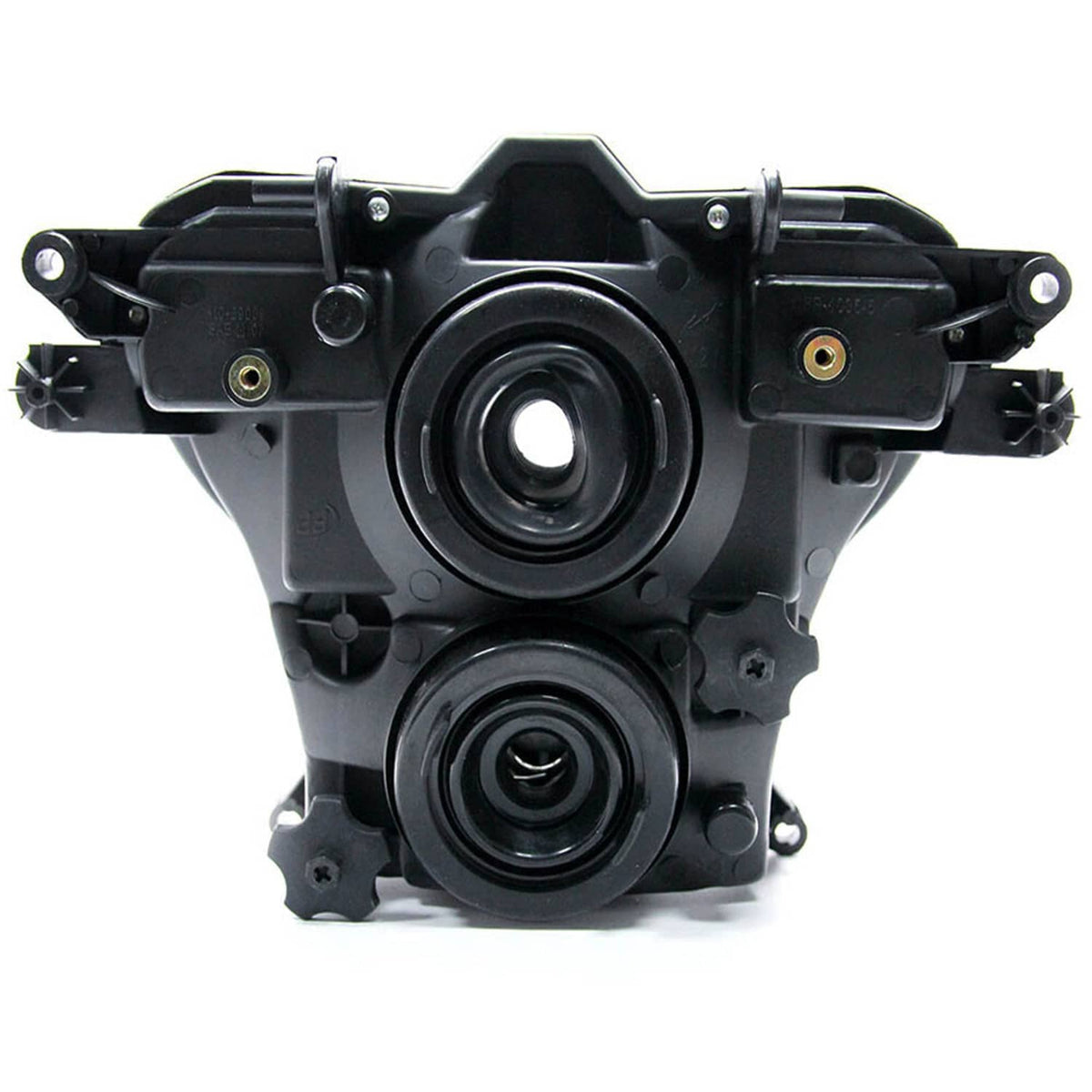 Rear view of motorcycle headlight mounting assembly, showing two circular projector housings