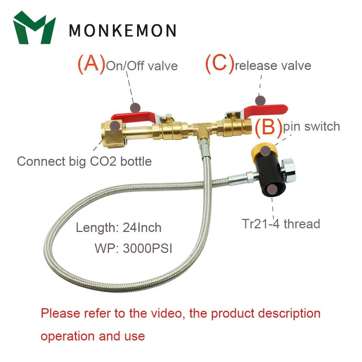 CO2 cylinder refill adapter hose with red lever valves and black release knob
