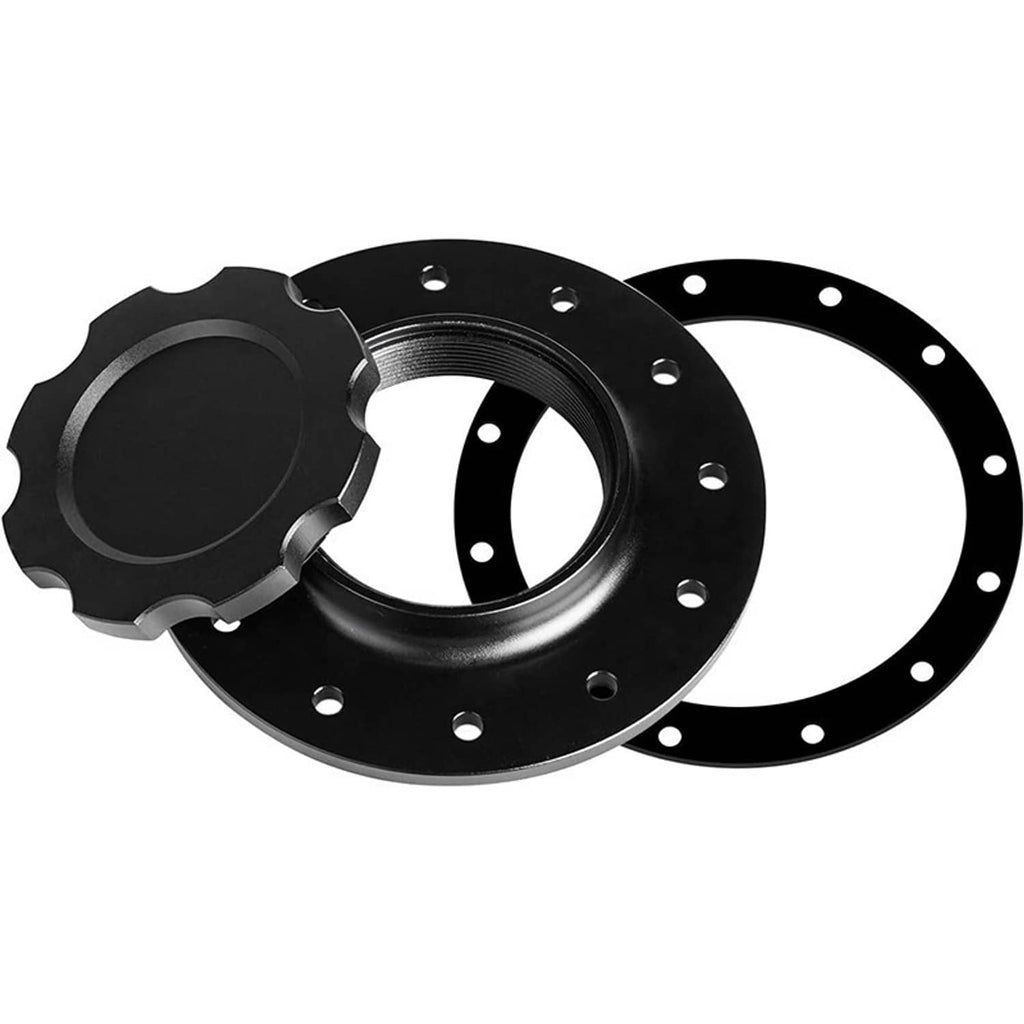 Black fuel cell cap with flange, threaded neck, and matching gasket rings
