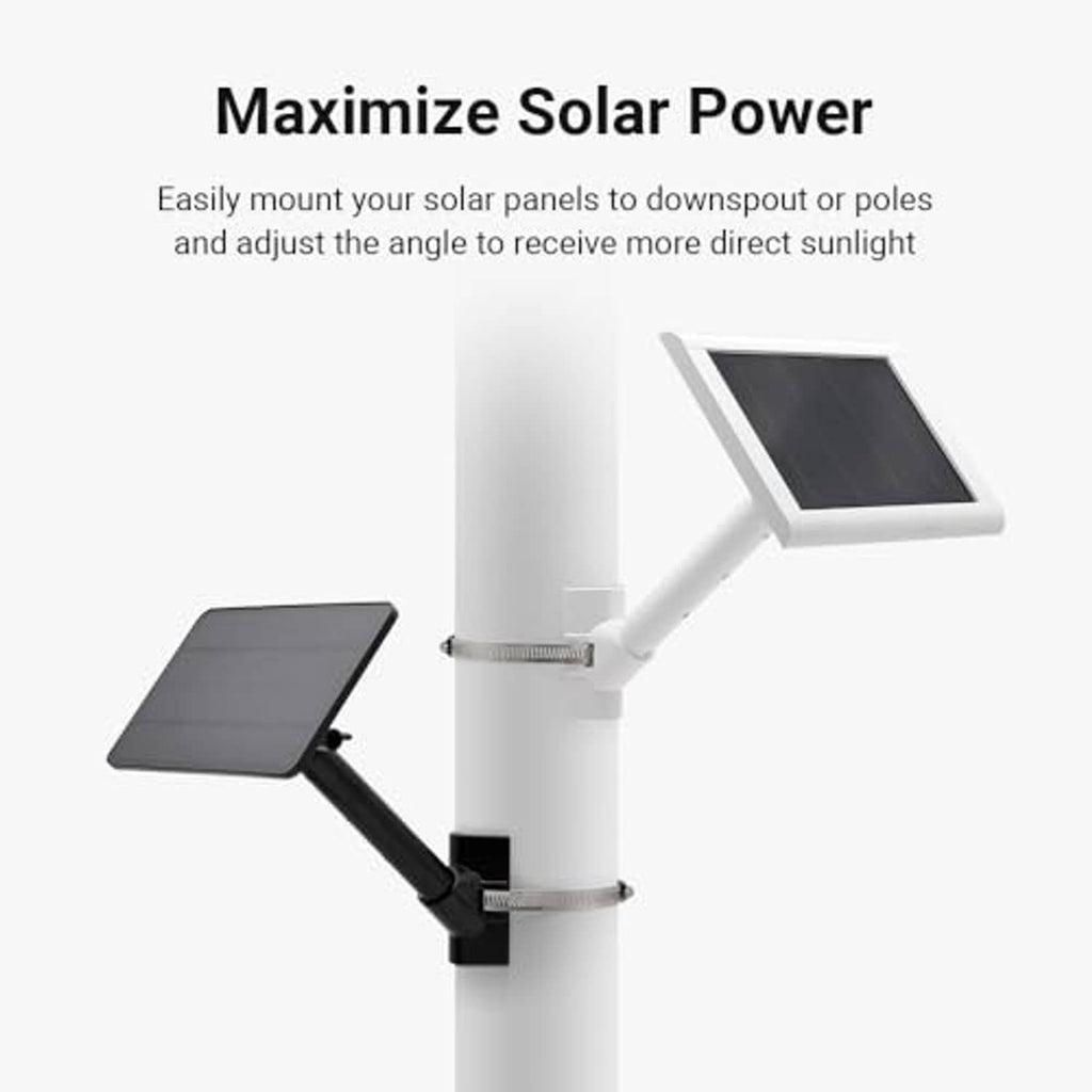 Black solar panel pole mount with adjustable arm and clamp for downspout or pole