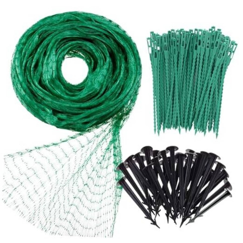 Green bird netting roll with white mesh and included stakes and ties set