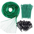 Green bird netting roll with white mesh and included stakes and ties set