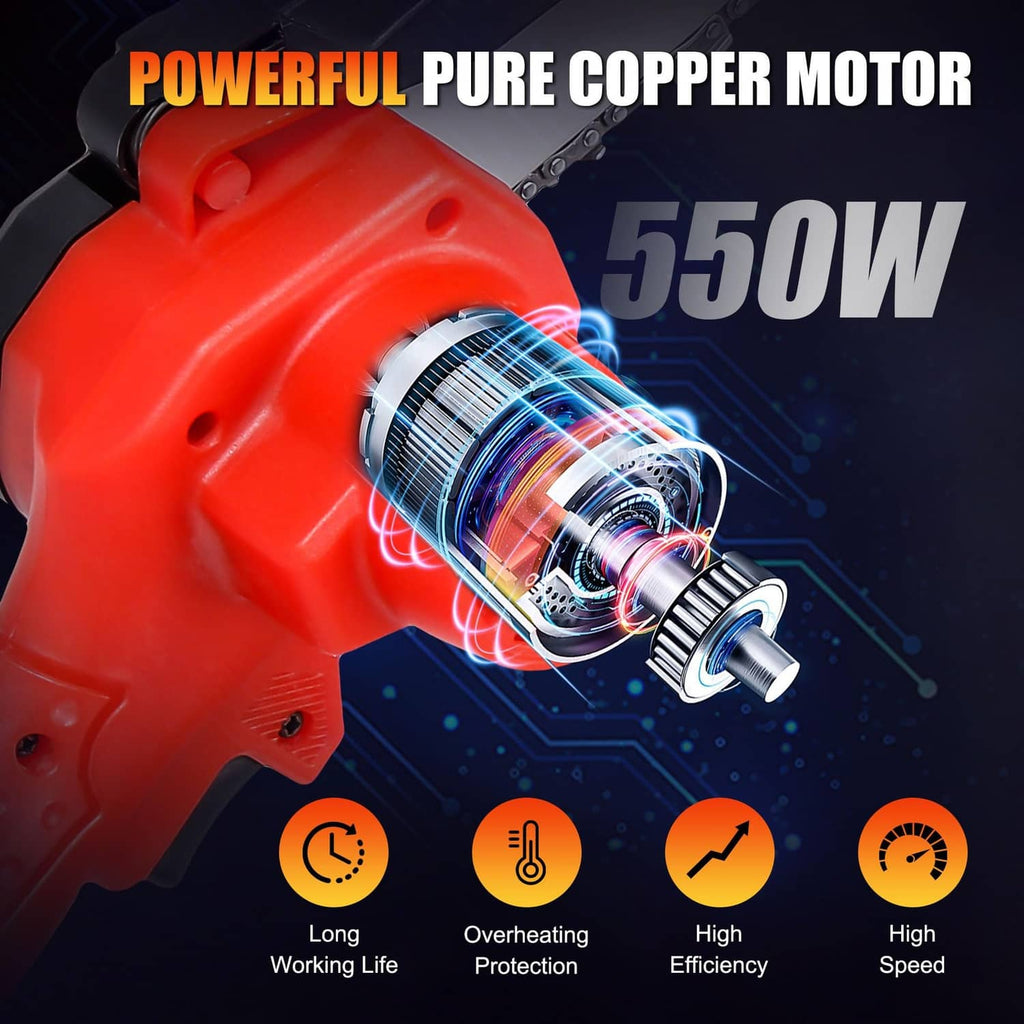 Mini cordless chainsaw motor housing with 550W airflow fan and copper-style coil
